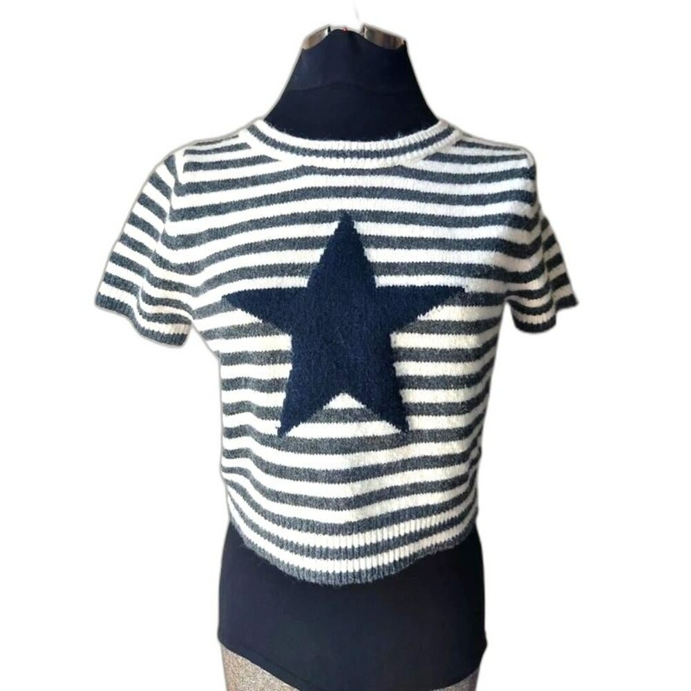 Womens Knit Stretch Top Freshman Y2K Short Sleeve Top Star and Stripes Grey sz M